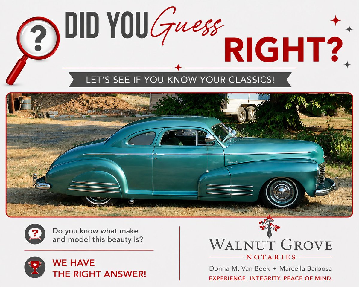 wgnotaries's tweet photo. We had some fun on Saturday posting about Donna Van Beek's husband Don's classic car entered in the @TownOfLadysmith Show &amp; Shine! 

And @shoplangley guessed right 🤩

Don's classic car is a 1946 Chevy Custom! 

Do you have a classic car? Share in the comments! https://t.co/EH1myHZlDD