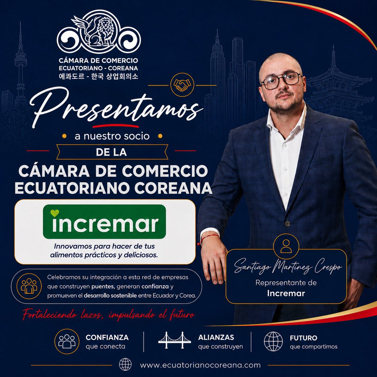CCEcuCorea's tweet photo. ✨ Presentamos a Incremar, parte de la Cámara de Comercio Ecuatoriano-Coreana. 🇪🇨🤝🇰🇷

Innovación que conecta, alianzas que crecen. 💙

Síguenos y conoce a nuestros socios.

#Incremar #EcuadorCorea #CámaraEcuatorianoCoreana https://t.co/wDi0W2JRTE