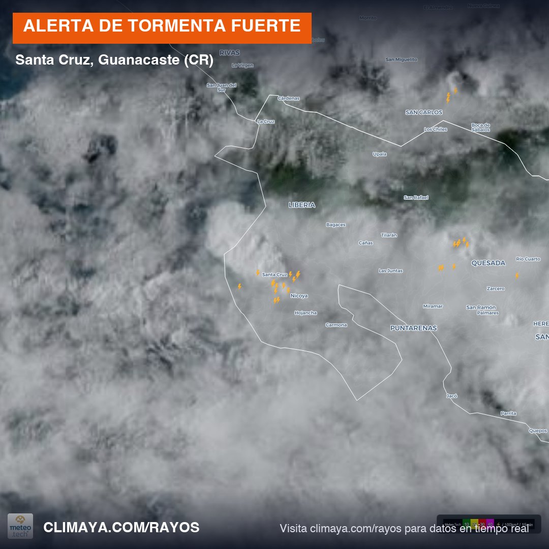climaya's tweet photo. 🇨🇷 ⚡ ALERTA DE TORMENTA FUERTE
📍 Santa Cruz, Guanacaste
⚠️ Efectos previstos:
💨 Ráfagas de viento
🌧️ Lluvia fuerte
⚡ Descargas eléctricas frecuentes
#climaCR https://t.co/7st4sI16vu