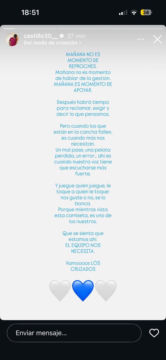 Claudiovicunai's tweet photo. Siempre he encontrado que Nico Castillo a veces es medio polémico y comenta harta wea. Pero en esta estoy completamente con el. Mañana cueste lo que cueste a apoyar ctm, vamos nosotros carajo 🤍💙 #LosCruzados https://t.co/ktQOVwOkx9