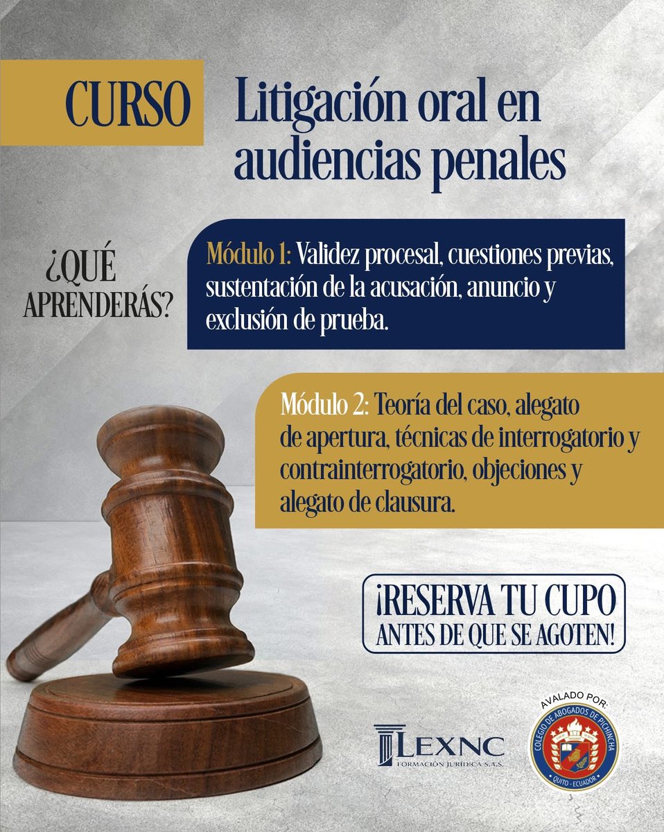 LEXNCFormacion's tweet photo. Construye una teoría del caso sólida de principio a fin. Domina desde el anuncio y exclusión de pruebas en la etapa preparatoria, hasta el contrainterrogatorio y alegato de clausura en la audiencia de juicio.

⚖️ Cursos especializados avalados por el CAP #LEXNC #AudienciaPenal https://t.co/Pc7ENkw0Se