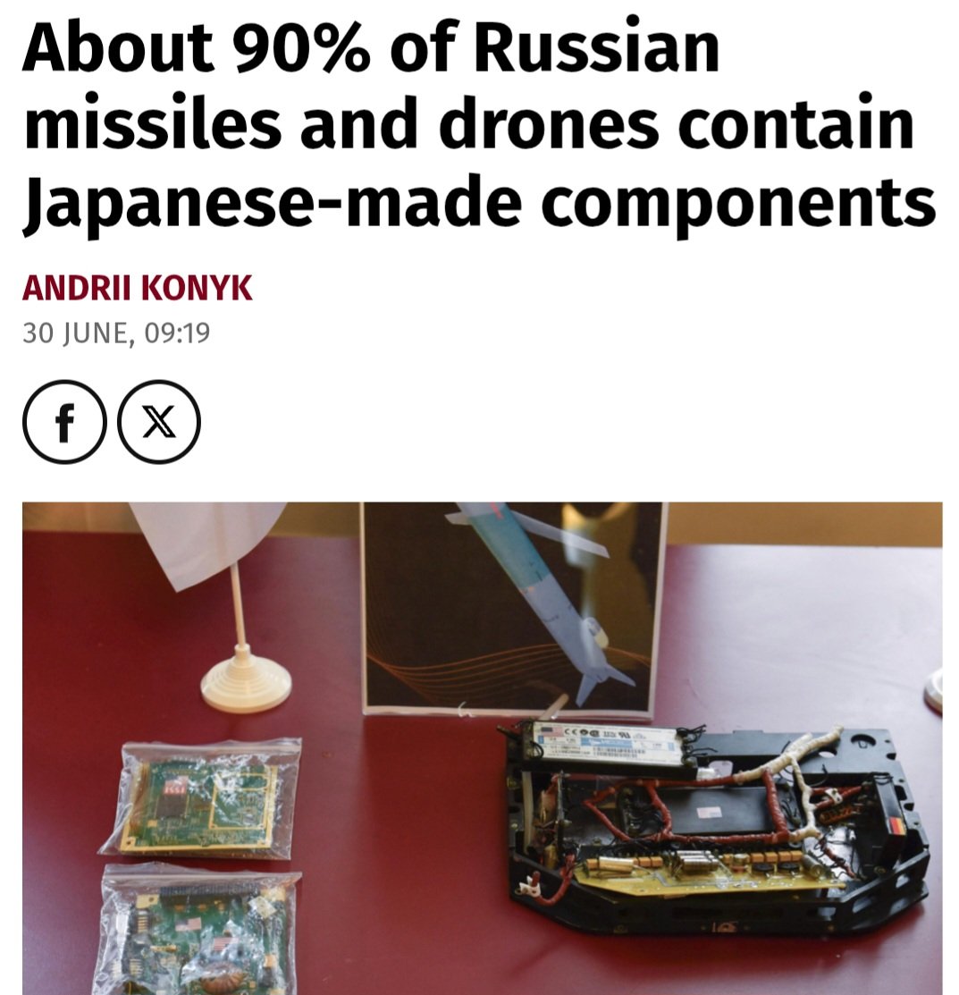 OlenaWave's tweet photo. @JamesDJBrown Japan always has the opportunity to retaliate without putting itself at risk, simply by providing military aid to Ukraine. Unfortunately, right now 90% of Russian cruise and ballistic missiles, as well as attack drones, contain Japanese-made microchips. https://t.co/teHbfjap4p