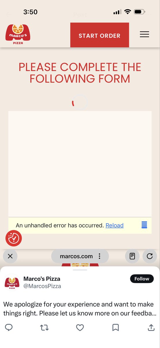 dsmchargue's tweet photo. @MarcosPizza I tried using the feedback form but it is giving an error message. https://t.co/cY1H6qPxny