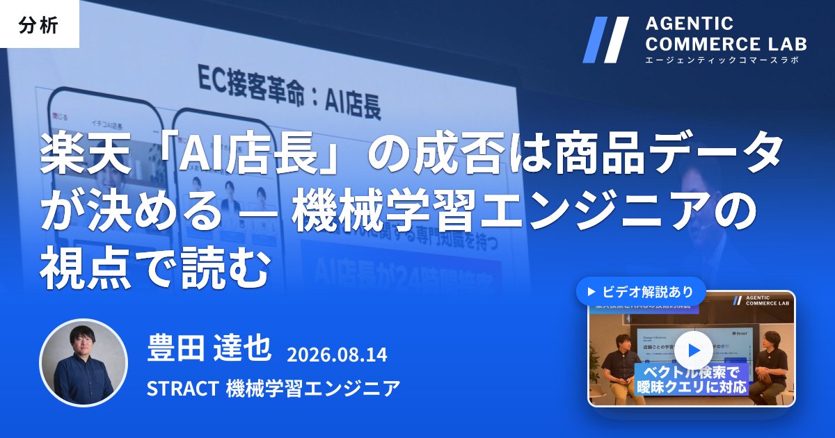 aclab_jp's tweet photo. 楽天が発表した「AI店長」構想を、検索・推薦エンジンを作る機械学習エンジニアの目線で考察した記事を公開しました。
三木谷氏の「うんちくが重要」という発言を読み解き、接客AIの品質を規定する商品データの整備について考えています。
#agenticcommerce #AI #commerce #agenticcommercelab https://t.co/e4YtoQwiOT