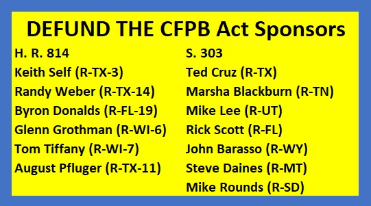 terry_jepson's tweet photo. These Congressmen and Senators are co-sponsoring H.R.814 to defund the Consumer Financial Protection Bureau. As of December 3, 2024, the CFPB has saved consumers over $21 billion through monetary compensation, principal reductions, canceled debts, and other consumer relief. WHY? https://t.co/ESkLry2YHm