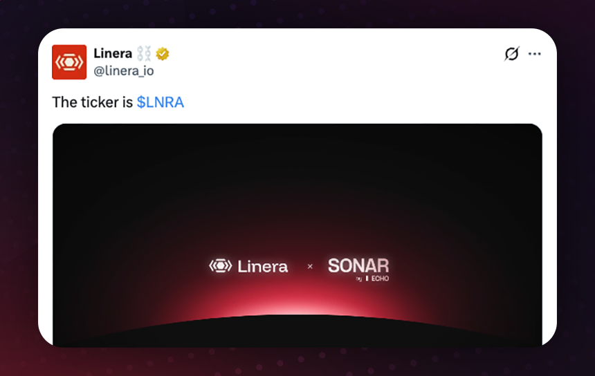 Crypto_Pranjal's tweet photo. Linera Finally Announces Its Token!

The ticker is $LNRA.

The team also announced a public sale through Sonar and Coinbase, with full details to be announced in the coming week.

For context, @linera_io previously raised $12M from names like a16z crypto, Borderless Capital, Flow Traders, and GSR.

The sale price, valuation, tokenomics, TGE date, and any potential airdrop for Testnet and Portal Points users are yet to be revealed.