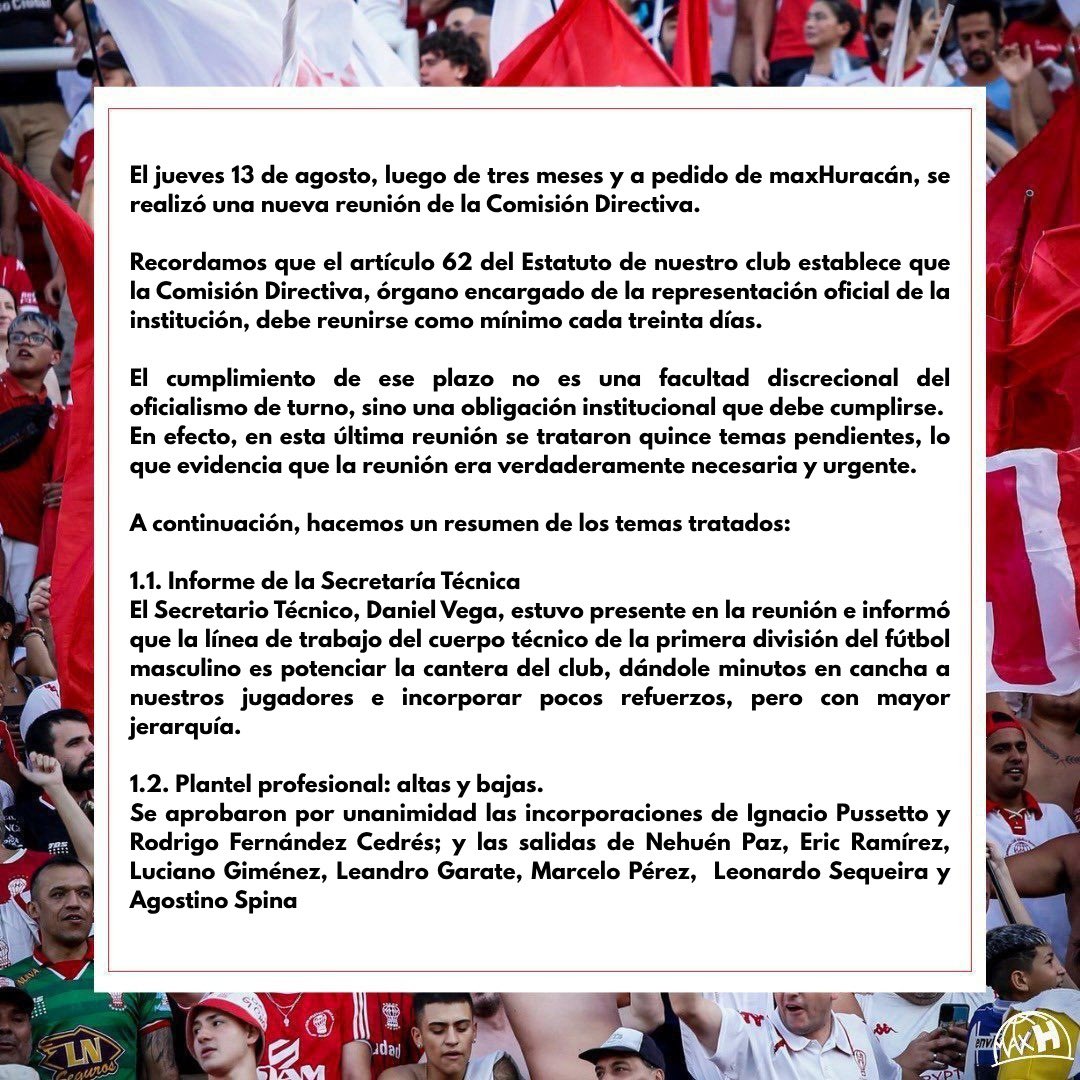 maxhuracan's tweet photo. #Huracán 🎈 | El jueves 13 de agosto, luego de tres meses y a pedido de nuestra agrupación, se realizó una nueva reunión de Comisión Directiva en la Sede. 

Acá te dejamos los detalles de los temas tratados 👇 https://t.co/TEEAJNz9TM