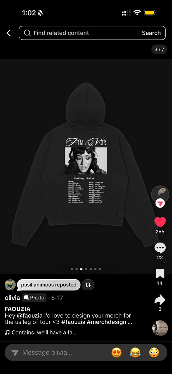 ritameetsworld's tweet photo. @faouzia @FaouziaAccess my talented friend @silhouettemoods is at the show tonight and her mocked up design inspo was used for the official merch, is there anything you can do to make this night a lil extra special for her :’) perhaps m&amp;g, free hoodie, opportunity to work tg.. https://t.co/TpuV30NhZ4