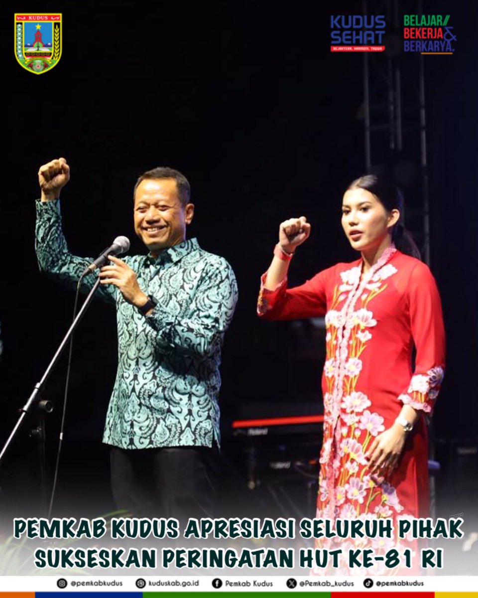 kuduspemkab's tweet photo. Pemerintah bersama masyarakat larut dalam suasana kebersamaan dan semangat kemerdekaan dengan menikmati penampilan NAFF dan Anomali Band. Hadir dalam kesempatan tersebut Bupati Kudus Sam’ani Intakoris, Wakil Bupati Kudus Bellinda Birton, Ketua TP PKK Kabupaten Kudus Endhah a. https://t.co/OiBqpdmpk8