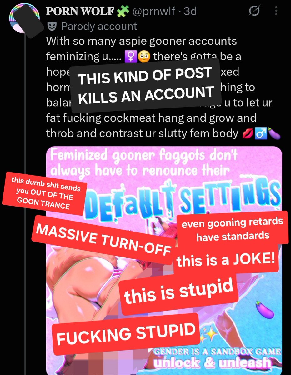ExplosiveLibido's tweet photo. ☢️🤢
"The Downfall of PRNWLF"

Warning: This is retarded, but in the way that's an extreme turn-off. It's just fucking stupid.
#gooner #gooncaptions #gooncaption #porn #porncaption #porncaptions #pornaddict #pornaddiction #hypno #hypnosis #brainwashing #transphobia #aspie #autism https://t.co/7EeAGzfy54