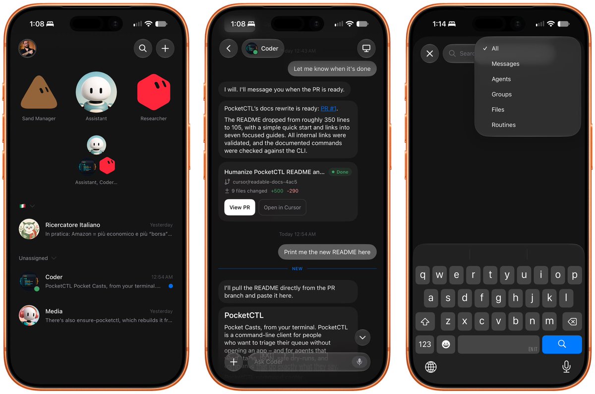 iPhone screenshots showing Grok Bot’s bot-based inbox, PR-style work output, and searchable tabs for messages, agents, groups, files, and routines