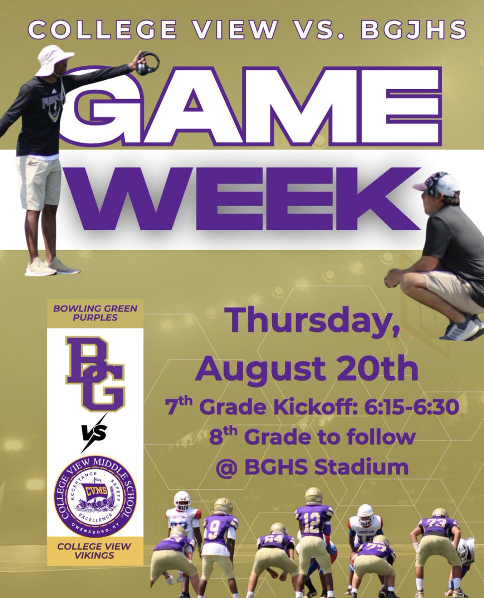BGJHSFootball26's tweet photo. GAME WEEK! This Thursday, 8/20, our 7th and 8th Grade Purples will be hosing the College View Vikings (Owensboro, KY) at BGHS Stadium. 7th Grade Kickoff will be around 6:15-6:30, with an 8th Grade game to follow. Come support our boys, and bring the noise! #GoPurples https://t.co/NMaXBO2r7R