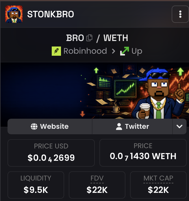 stonkbrocoin's tweet photo. DEX Screener has been updated.
Bro is officially on the charts now.  
We asked him for analysis.
He pointed at the green candle. 📈  
$BRO  graduated, bonded and fully visible.
No roadmap. No alpha. Just Bro.  

CA: 0x9Dc24BF25eA87860041A265f777A1B515C666666

https://t.co/RFGOkhbgtJ