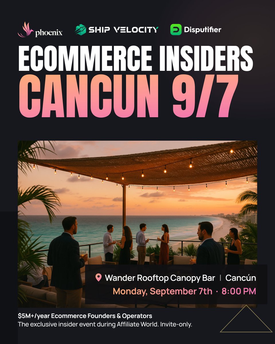 ReignEcom's tweet photo. On September 7th, all the top players in ecom will be at Affiliate World in Cancún.

We're hosting Ecommerce Insiders, Monday 8 PM at Wander Rooftop Canopy Bar, with @ShipVelocity and @disputifier. Invite-only, for founders and operators running $5M+/year D2C brands.

Find out how 7+ figure brands are preparing for a revolutionary Q4 as ecommerce founders and customers alike embrace AI.

Comment "CANCUN" and we'll send the invite link.