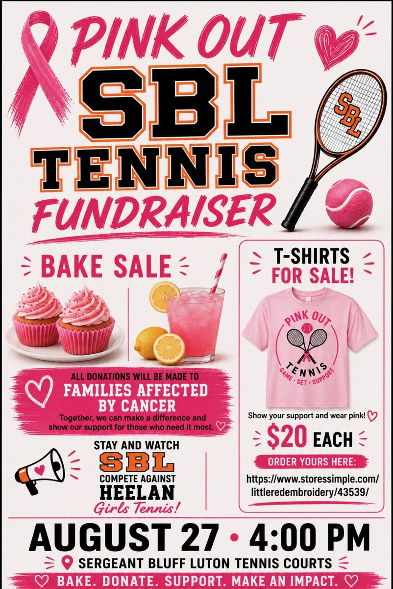 SBL_Tennis's tweet photo. 💗SBL GIRLS TENNIS PINK OUT! 💗
Aug. 27 at home vs. Heelan for our inaugural PINK OUT &amp; Senior Night!
🎾 Match starts at 4 PM
💗 Pink concessions
🎗️ Raising money for families affected by cancer
Get your PINK OUT gear here:
Shop SBL Pink Out Gear https://t.co/XkFXjPVj8d https://t.co/YmalnYj3ma