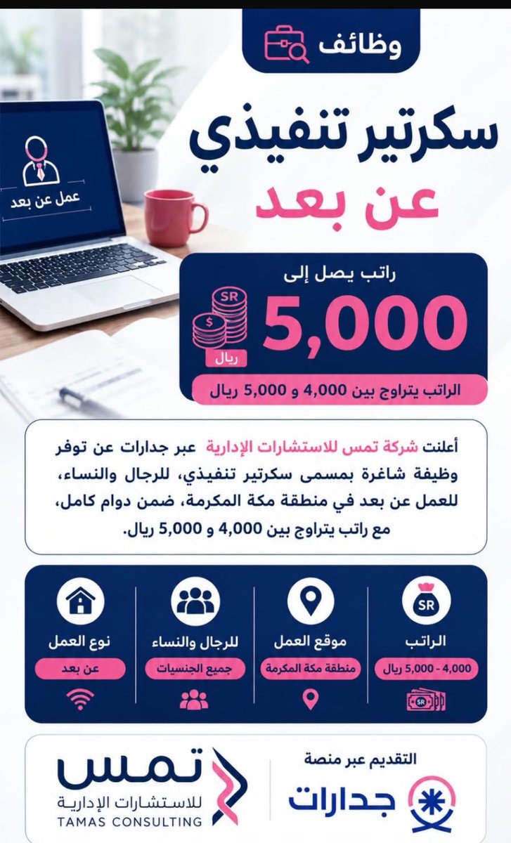 alatelatforum's tweet photo. 🚨وظيفة عن بُعد براتب يصل إلى 5,000 ريال

شركة تمس للاستشارات الإدارية المهنية تفتح التقديم للرجال والنساء على وظيفة سكرتير تنفيذي للعمل عن بُعد عبر منصة #جدارات 

💰 الراتب: 4,000 – 5,000 ريال
🎓 بكالوريوس
⏰ دوام كامل وساعات مرنة
قدم قبل 👇🏼
📅 التقديم حتى 08/03/1448هـ

#وظائف_عن_بعد 

https://t.co/7uf8lENyyj