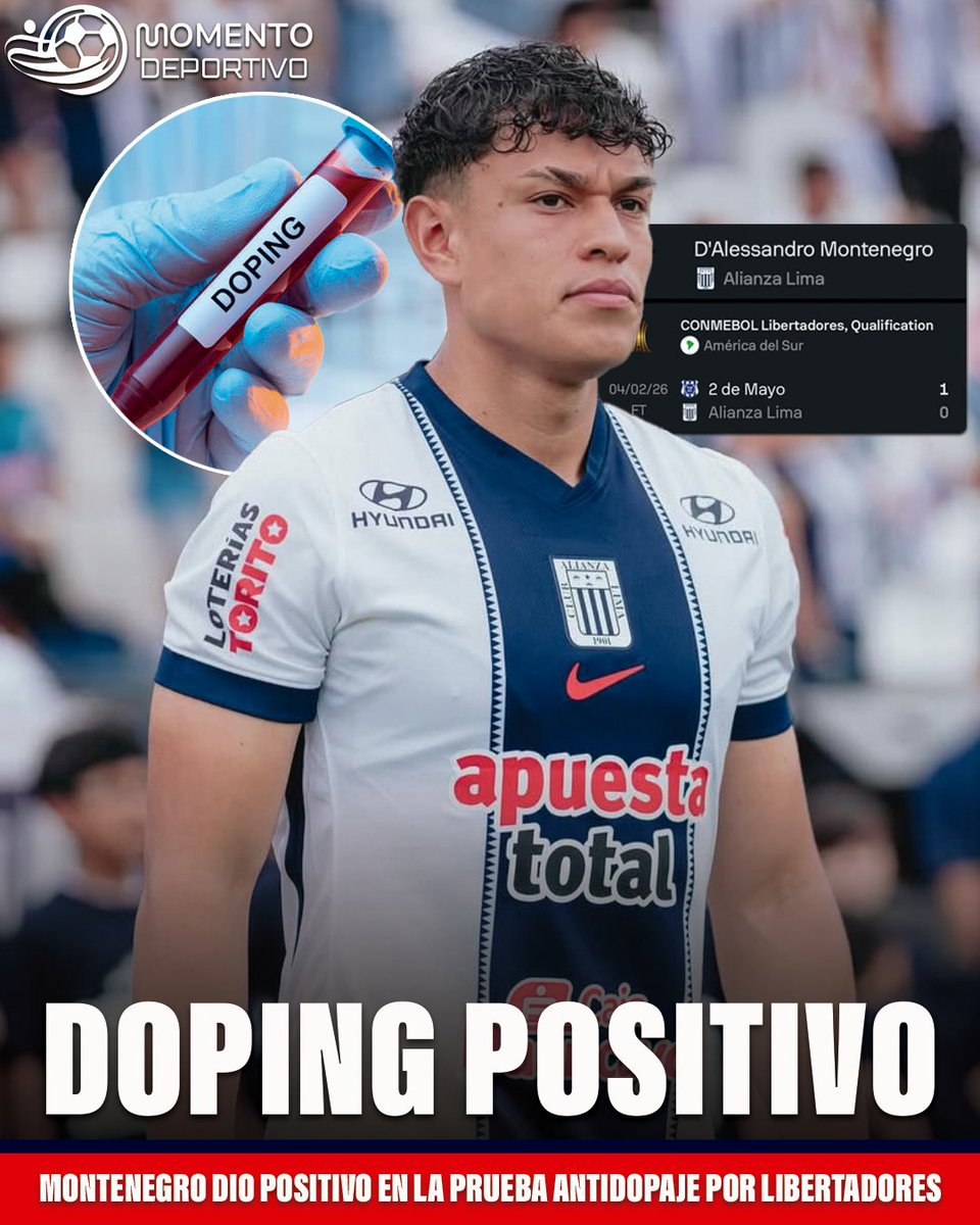 MDeportivope's tweet photo. 🚨 D'Alessandro Montenegro dio POSITIVO en la prueba antidopaje por la fase previa de la Copa Libertadores cuando Alianza Lima enfrentó a 2 de Mayo. En Paraguay jugó como titular.

⚠️ El jugador de 23 años está a la espera de su contraprueba para evitar cualquier tipo de sanción. https://t.co/LcOTQ6ubkm