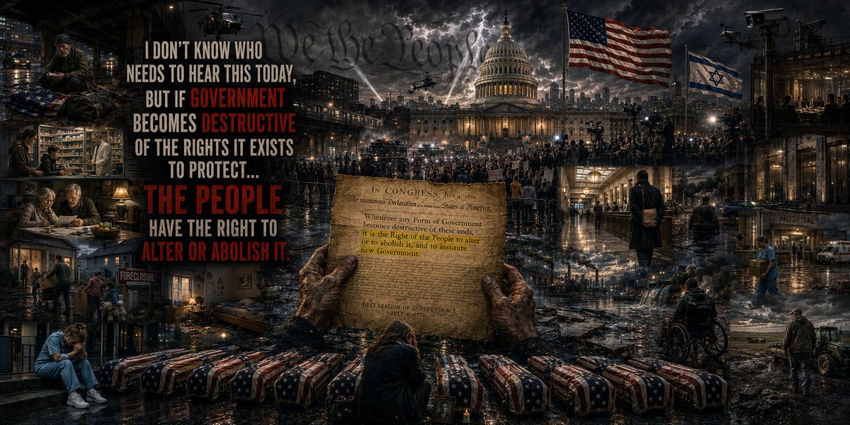 TrueOnX's tweet photo. 🚨 I DON'T KNOW WHO
NEEDS TO HEAR THIS TODAY... 🚨

But somewhere along the way, we were conditioned to believe that questioning power was dangerous, while giving power our unquestioning obedience was somehow patriotic.

No.

America was not founded
upon blind obedience
to government.

It was founded upon the radical principle that government exists to serve the People,
not the other way around.

The Declaration of Independence
established something extraordinary:

“Whenever any Form of Government becomes destructive of these ends, it is the Right of the People to alter or to abolish it...”

Read that again.

Those words were written in 1776.

Look around today.

The veteran sleeping beneath an overpass.

The mother counting dollars at the pharmacy.

The elderly couple deciding which bill gets paid.

The family watching their belongings carried from the home they once believed was theirs.

The exhausted nurse.

The struggling farmer.

The worker who gives everything and still falls behind.

The neglected communities.

The deteriorating infrastructure.

The endless bureaucracy.

The surveillance.

The wars.

The debt.

The families burying sons and daughters beneath American flags.

Meanwhile, the institutions supposedly created to represent ordinary people become larger, richer, more complicated, more intrusive, and increasingly distant from the people living beneath them.

This is bigger than Republican versus Democrat.

Bigger than left versus right.

Bigger than whichever politician happens
to occupy an office for four years.

This is about something far older:

WHO SERVES WHOM?

Government does not grant
the People their humanity.

Government does not
own the People.

Government does not
stand above the People.

Government derives its legitimate power
from the consent of the governed.

NEVER Forget That.

Because when ordinary people stop questioning institutions, institutions rarely begin questioning themselves.

And perhaps the most dangerous society is not one where people disagree with their government.

It is one where people become convinced
they no longer have the right to.

WE THE PEOPLE were never supposed to be three decorative words on aging parchment.

They were supposed to mean something.

Maybe it's time we remembered what.

Let me know
What YOU think.

Don't Forget
to SHARE THIS
so that Others
May Too!

And if
You're Not
Already
Following
@TrueOnX...
What
the
HECK!
are YOU
Doing?!