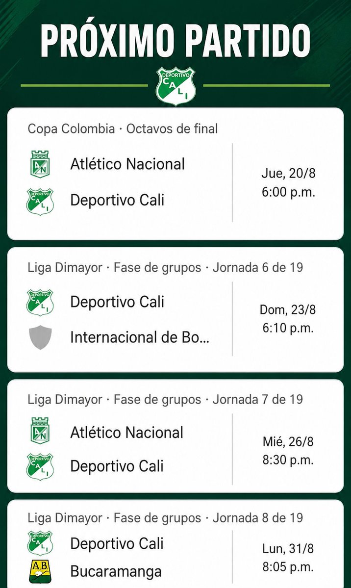 TribunaTotalDC's tweet photo. 🚨 ¡ASÍ QUEDÓ EL CALENDARIO DEL DEPORTIVO CALI! 🟢⚪

Tras el aplazamiento de varias fechas por los hechos ocurridos el pasado 10 de agosto, ya se conocen las nuevas fechas para los partidos del cuadro azucarero. 📅⚽🔥

 El Cali tendrá que ajustar su calendario y afrontar una seguidilla de partidos clave en su lucha por los objetivos del semestre.