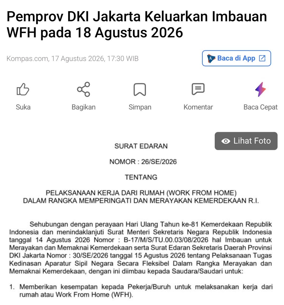 insidefolkative's tweet photo. Pemerintah Provinsi DKI Jakarta mengeluarkan imbauan kepada perusahaan untuk bekerja dari rumah atau work from home (WFH) pada Selasa (18/8/2026).

Kebijakan WFH 18 Agustus 2026 itu berdasarkan Surat Edaran Dinas Tenaga Kerja, Transmigrasi, dan Energi (Disnakertrans dan Energi) DKI Jakarta Nomor 26/SE/2026.