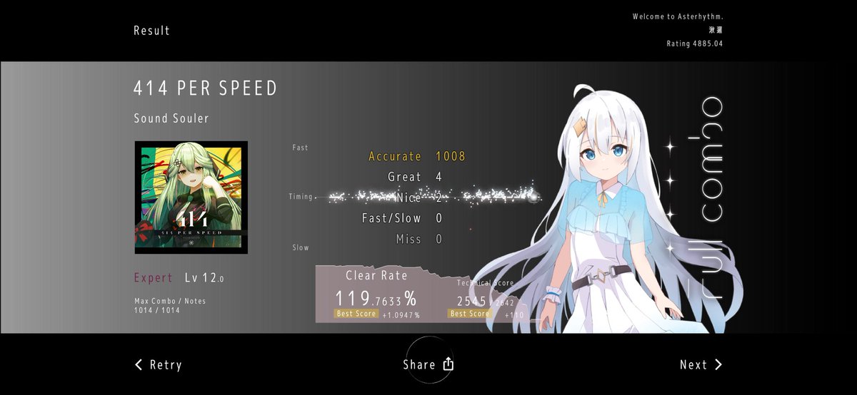 eltheia_'s tweet photo. 414 PER SPEED (Expert) Full Combo!
Clear Rate: 119.7633%
https://t.co/XhFrNYa7eJ #Asterhythm #あすりず
あすてりずむ始めました https://t.co/FF3AOctt22