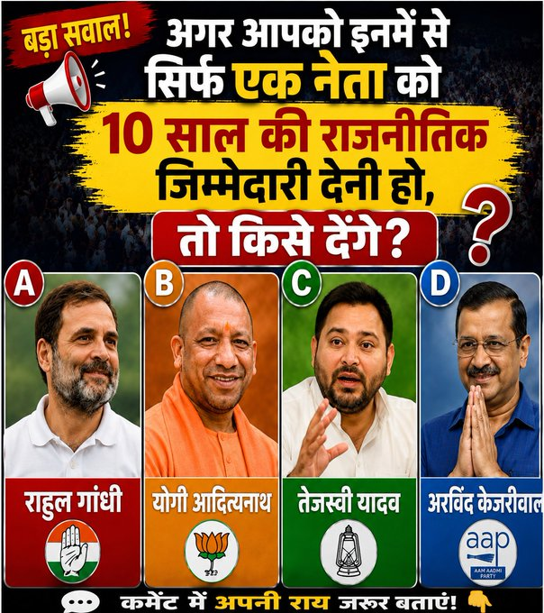 NewspressX's tweet photo. 📢 बड़ा सवाल!

अगर आपको इनमें से सिर्फ एक नेता को 10 साल की राजनीतिक जिम्मेदारी देनी हो, तो किसे देंगे?

🅰️ राहुल गांधी

🅱️ योगी आदित्यनाथ

🅲 तेजस्वी यादव

🅳 अरविंद केजरीवाल

👇 कमेंट में अपनी राय जरूर बताएं! https://t.co/9N2t2iWXPj