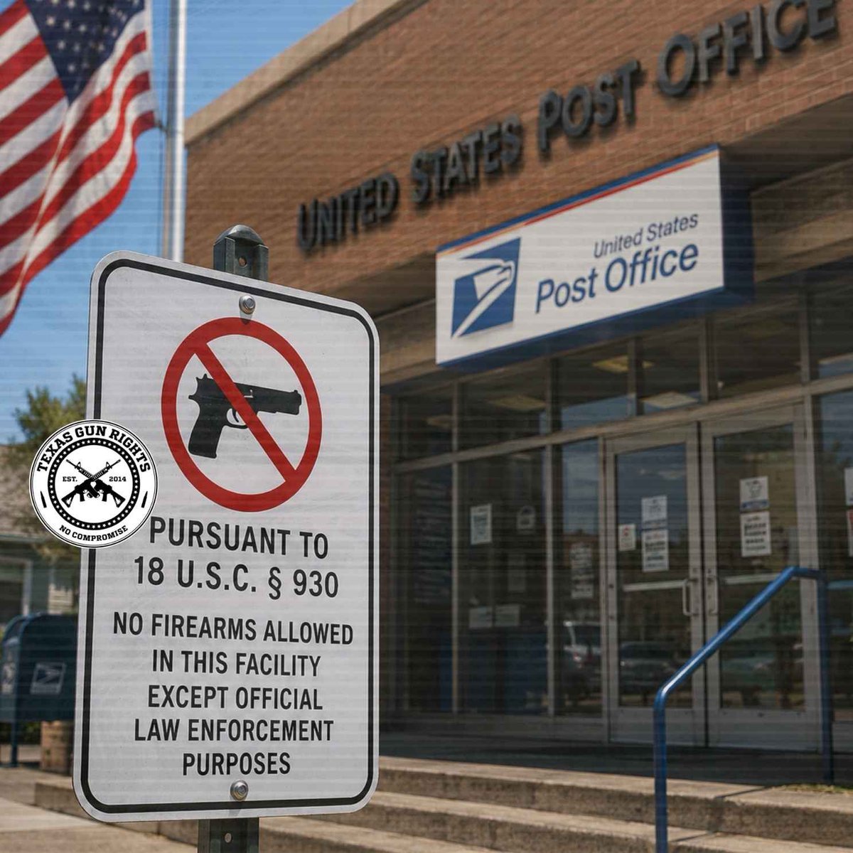 GuerrillaBrain's tweet photo. Friendly reminder: This sign is no longer lawful. If you still see one plastered or affixed to your post office, tell the Postmaster that they should remove it. They can read the DOJ guidance at https://t.co/rFIdnn4CfQ https://t.co/EXs0Qo8pph