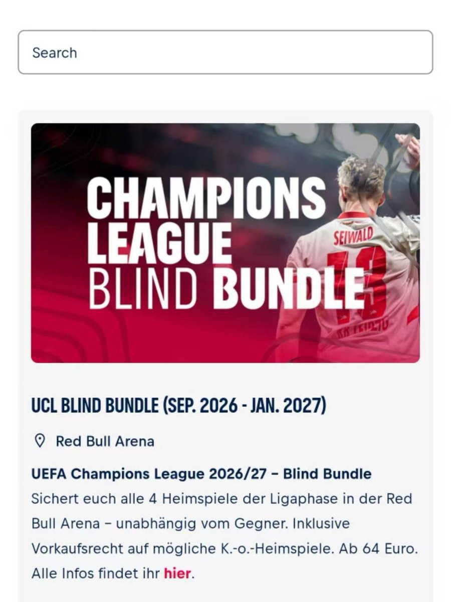 FansEvents_com's tweet photo. RB Leipzig 26/27 UCL Blind Bundle: 4 group-stage home tickets. Sales start Aug 18, 10:00 am. It guarantees all four RB Leipzig Champions League home games, including the matches against a Pot 1 and 2 opponents.#ucl #leipzig #groundhopping https://t.co/n99n0OMlsm