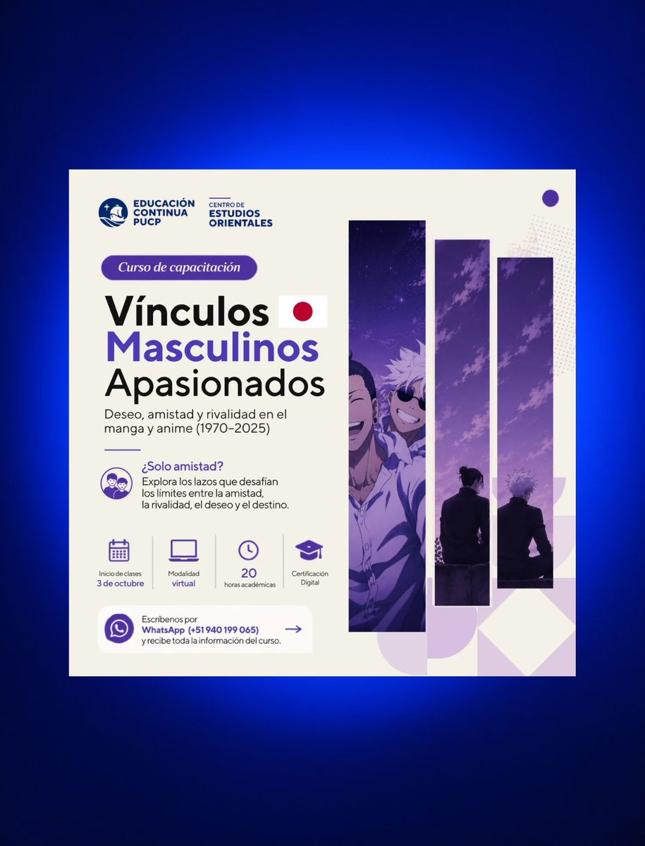 AnimetrendsLA's tweet photo. ¡UN DIPLOMADO EN BL!

En una universidad de Perú enseñan acerca de Vínculos Masculinos apasionados con ejemplos de Gojo y Geto. 😭 https://t.co/NPrSeXg1bR