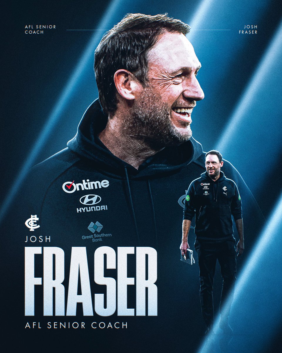 CarltonFC's tweet photo. “We had a mandate when we commenced this process to appoint the best possible AFL Senior Coach for the Carlton Football Club. We have done that today.”

The man for the job.

We are delighted to confirm that Josh Fraser has been appointed our AFL Senior Coach!

https://t.co/x2PUGOxA4O