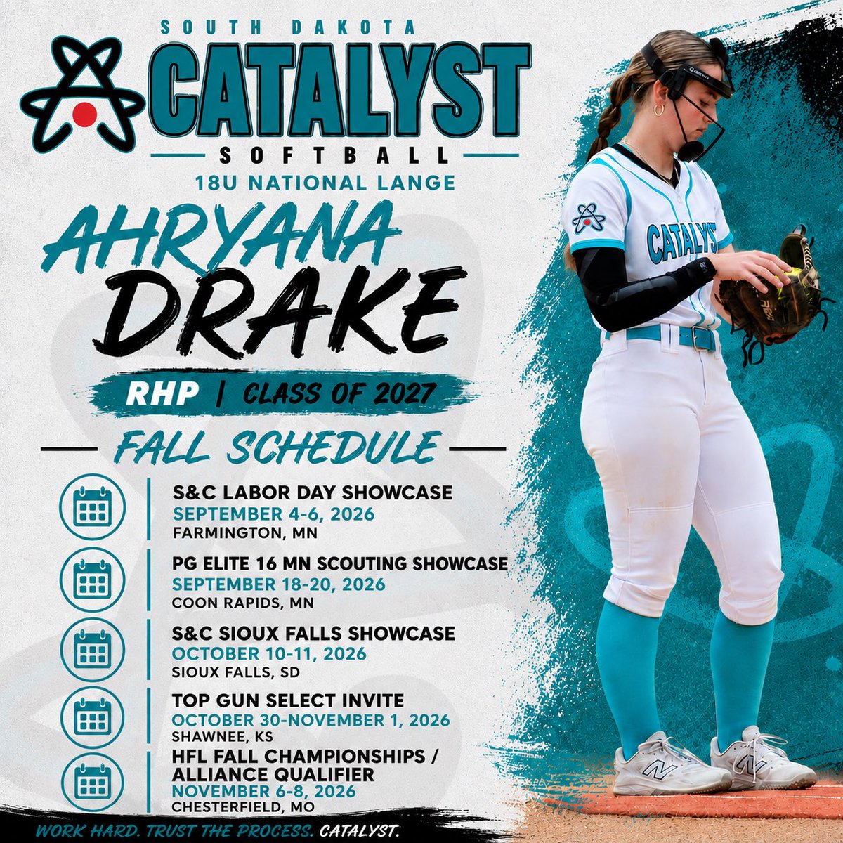 AhryanaD2027's tweet photo. So PUMPED!!!! Had to remove my graphic because they made some adjustments to dates and events! Here’s the update!!! Senior year is here. I’m blessed with the opportunity to play some bigger tournaments for Catalyst Softball this fall! Let’s go!!! @BaileyLange27 @CoachErin3 
🥎🔥 https://t.co/0jTwTcRY0D