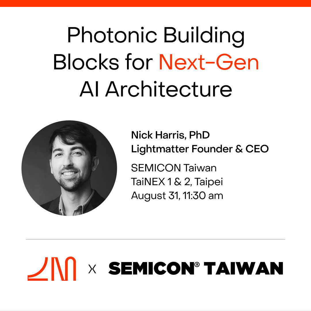 LightmatterCo's tweet photo. Electrical interconnects and pluggable optics can no longer keep pace with the bandwidth demands of frontier models and agentic AI workloads. At @SEMIconex Taiwan’s Silicon Photonics Global Summit, Nick Harris’ presentation will outline the photonics innovations, architectures, and roadmap required to drive faster AI training, prefill, and decode with next generation AI infrastructure. Learn more: https://t.co/IgtrzMHBPg @theanalognick