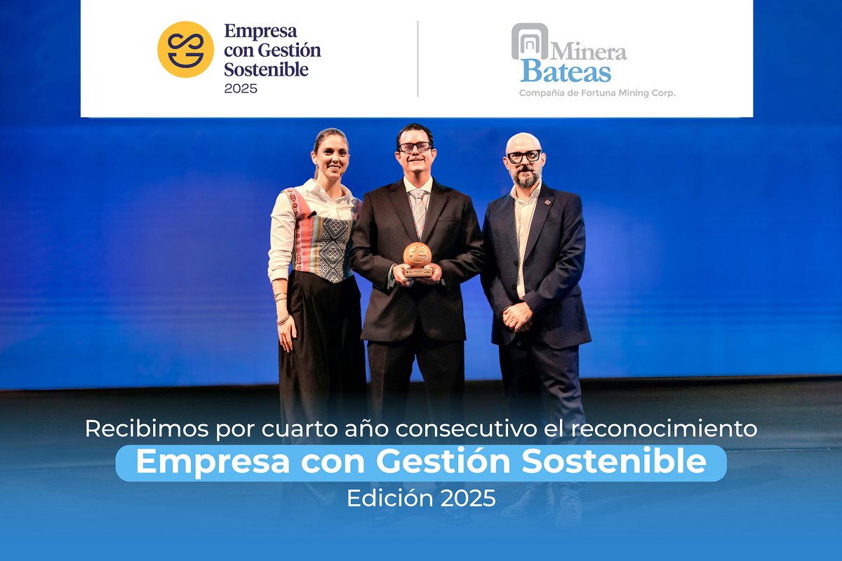 MineraBateas's tweet photo. Minera Bateas recibió nuevamente el reconocimiento Empresa con Gestión Sostenible (EGS), de Perú Sostenible.

En la evaluación 2025, alcanzó la categoría Sobresaliente con 86 puntos y obtuvo un reconocimiento especial en Gestión Ambiental.

#MineraBateas #EGS2025 https://t.co/acLtomm34Y