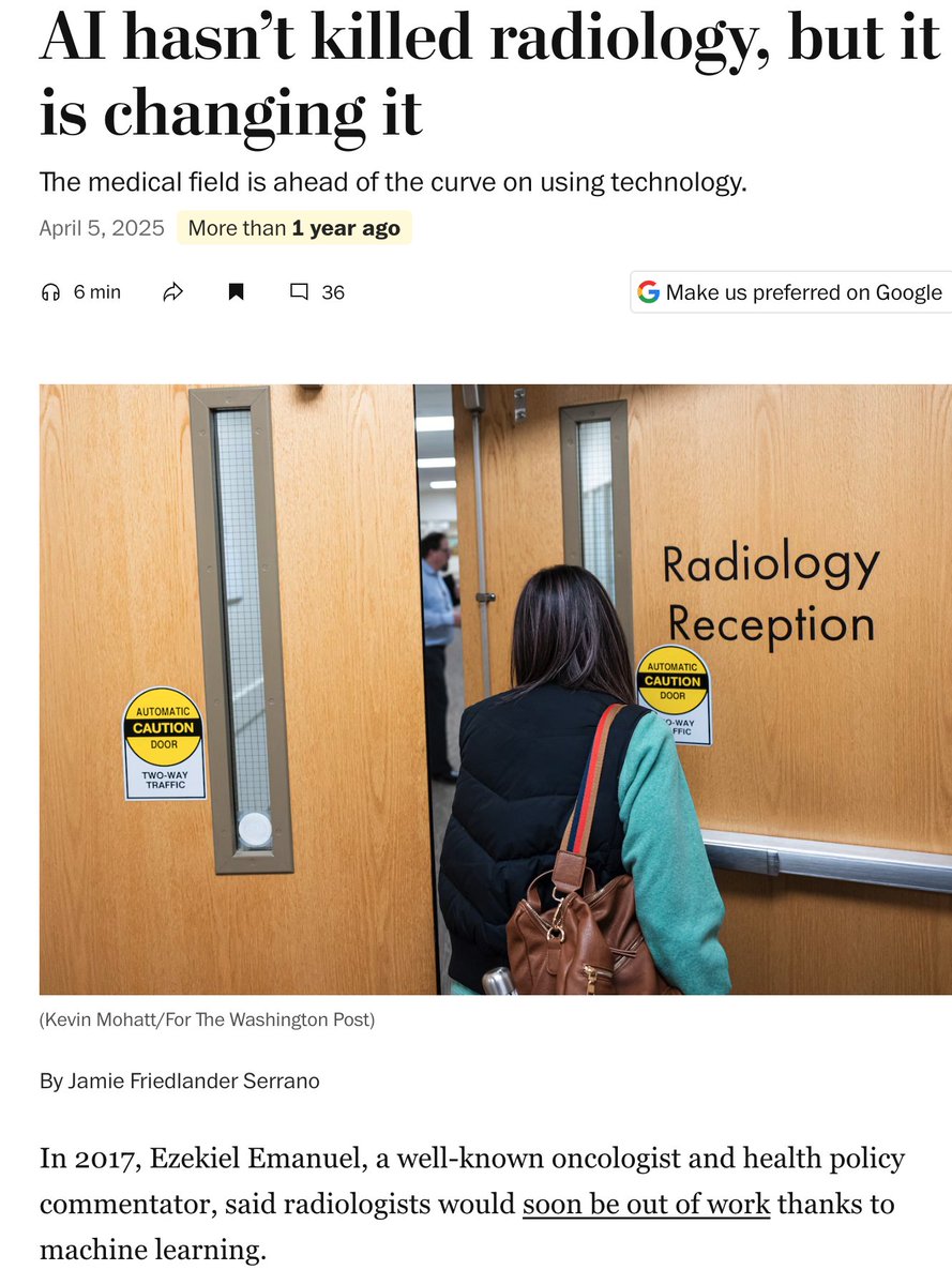JianWDong's tweet photo. "Excluding radiology, a domain in which AI alone does not reliably exceed physicians, only 9 studies published since January 1, 2024, concluded that physicians alone are equivalent or superior to AI alone at 5 fundamental cognitive medical tasks".

Lol. 

A decade ago, the authors were quite confident that the radiologist would be the first to be replaced by AI.
