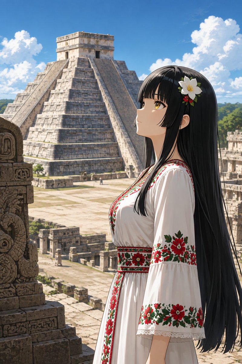 seimi_takamatsu's tweet photo. 次に訪れたのはメキシコです🇲🇽🍀
今日は伝統的な装いで、古代文明の遺跡を巡っております。
長い時を越えて残る巨大な石造りの景色には、思わず見入ってしまいますわ🌹

SFW Illustration https://t.co/MnYvHymEkh