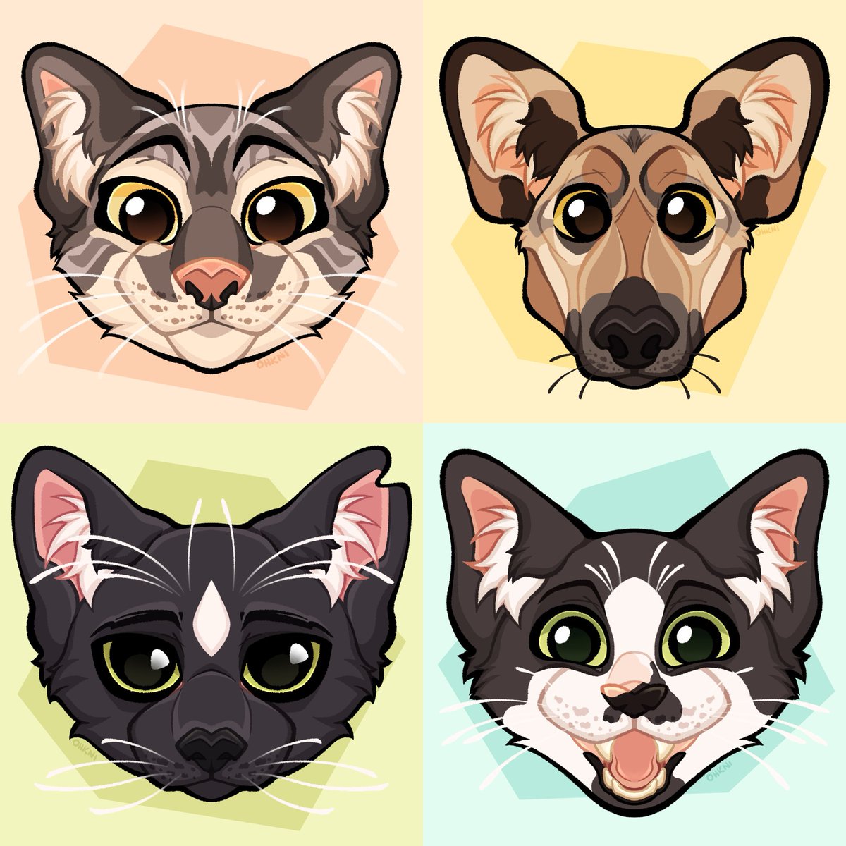 Ohkni's tweet photo. Pet Icons for some clients on VGen! 🐕🐈🐈‍⬛

I love being given the opportunity to create pieces for people of their beloved pets, cats and dogs are both lots of fun to draw but I’m willing to try my hand at any pet! 🐾

Interested in my work? Check out the VGen link in my bio! 💚 https://t.co/EUlNrzOdxP