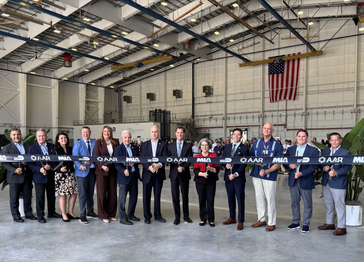 AARCORP's tweet photo. Today marks our second ribbon cutting in 2026! 

This afternoon we cut the ribbon on AAR’s Airframe MRO expansion in Miami. The project adds 3 lines of maintenance across a 100,000+ square foot hangar.

@John_M_Holmes, AAR’s Chairman, President and CEO, shared, “We are excited to continue growing alongside our airline customers while enhancing our ability to meet their evolving maintenance needs.” 

To learn more about the expansion, read more here: https://t.co/SzxNRXHxi9

#DoingItRightNonstop #FacilityExpansion