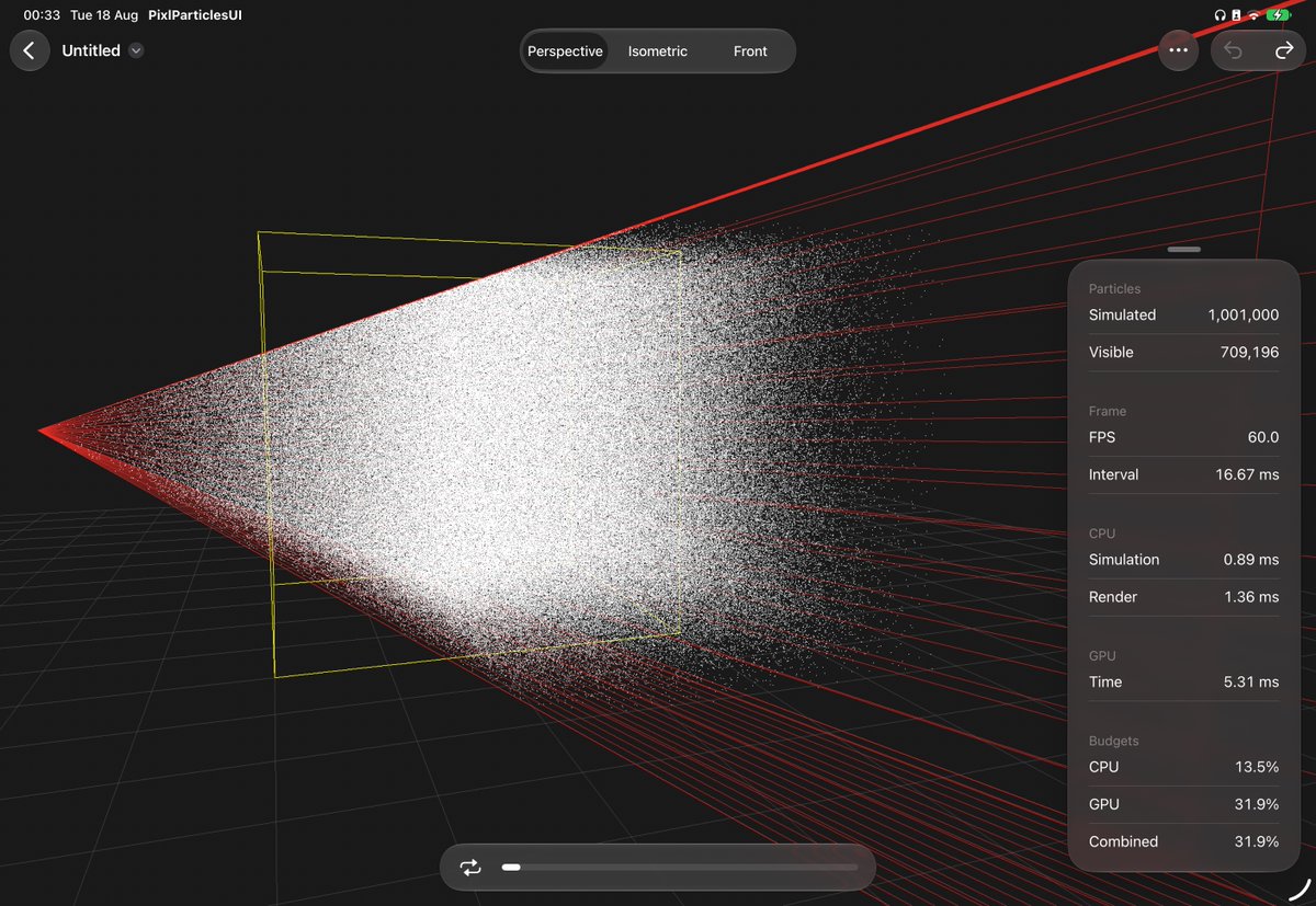 shaps's tweet photo. Pixl Particles – 3D deterministic particle system.
100% Swift, TRULY cross platform and its FAST!

Super excited to share a screenshot of Pixl Particles – a small part of a game engine I've been working on.

Deterministic here means every simulation using the same seed runs IDENTICALLY on every run AND every platform! Its truly deterministic and as a result supports scrubbing, playback, reversing, out of the box.

I wrote the editor for my son who's 9. He's making the effects for our games so it needed to be on iPad first and easy for him to use :)

The particle system itself runs on ANY Swift supported platform including Windows, Linux, WASM.

Here you can see 1 million particles simulated and rendered @ 60fps – you'll never need that many particles but I needed to push the benchmark. The system is single-threaded with rendering and other compute done on GPU. Data oriented, SIMD, and all that lovely stuff.

The engine can actually render closer to 2M particles but 1M is comfortable. The editor is SwiftUI ofc but I Pixl is also a larger game engine which has a PixlUI library that feels like SwiftUI so I'll be porting the UI over to that and writing it in-engine so it will work on any supported platform as well.

The engine is a BEAST but I'll be sharing visuals and games written with that in the future. This is a custom engine written 100% by me (with some AI assistance ofc) and may eventually be available under license but otherwise closed source for now.

Couple additional stats for this run of 1M:
~350MB RAM
~30-40% CPU (single core)