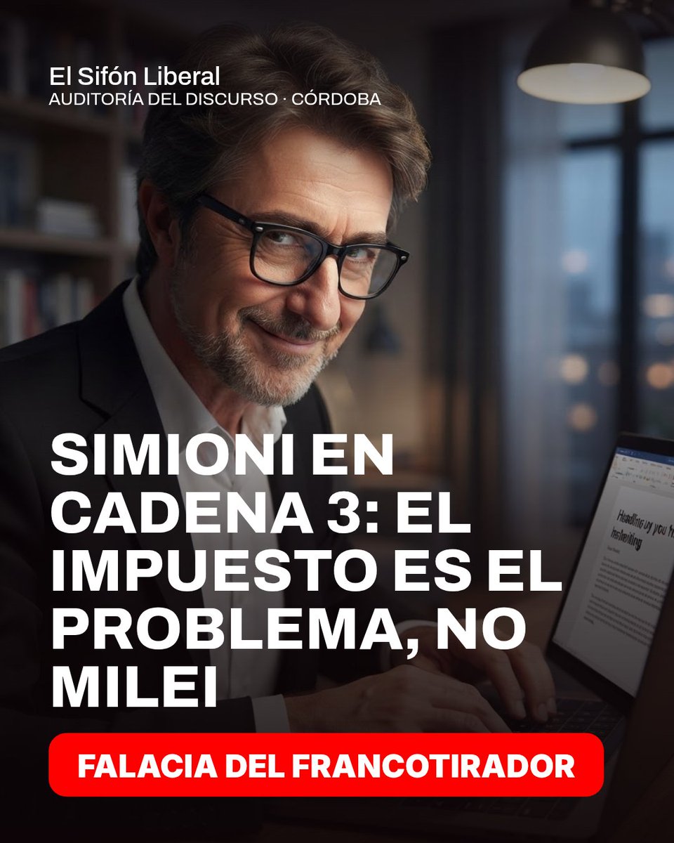 Elsifonliberal's tweet photo. 🔎 AUDITORÍA DEL DISCURSO · Lunes 17/8 
el sifón liberal

Adrián Simioni en Cadena 3 titula hoy «¿Y si prueban con bajar los impuestos a los préstamos?» —columna que, paradójicamente, le da la razón al programa libertario pero la radio la encuadra en el relato de la «crisis de morosidad» como si fuera culpa del Gobierno

🎙️ Adrián Simioni, columnista de Cadena 3, sección «Política esquina Economía», publicada hoy 17/08/2026
Dijo: «Mientras se multiplican las advertencias por las deudas impagas, hasta el 40% del costo financiero de un préstamo responde a cargas tributarias.»

⚠️ LA FALACIA: FALACIA DEL FRANCOTIRADOR
La columna de Simioni es en sí misma internamente consistente y aplica lógica austriaca: si el 40% del costo de un préstamo son impuestos, la solución es bajar impuestos, no rescatar deudores con fondos públicos. El problema es el encuadre editorial de Cadena 3: la nota se publica en un contexto de cobertura que asocia la morosidad al gobierno de Milei, cuando el origen de esas cargas tributarias (Impuesto a los Débitos y Créditos Bancarios, ingresos brutos provinciales, etc.) es anterior y de responsabilidad compartida con los estados provinciales, incluido el cordobés.

📊 EL DATO: Según la Central de Deudores del BCRA (junio 2026), la mora del sector privado fue del 7,6%, con tendencia a estabilizarse: bajó de 7,7% en mayo a 7,6% en junio, primer descenso tras 19 subas mensuales consecutivas. El 91% del financiamiento se concentra en la banca tradicional (BCRA, julio 2026). El propio Simioni reconoce en el texto que «el Gobierno asegura que el crecimiento de los atrasos comenzó a estabilizarse».

🎯 POR QUÉ LO HACE: Cadena 3 opera con pauta oficial provincial multimillonaria (más de $1.100 millones de Llaryora documentados). La política editorial de la radio sitúa la morosidad como «crisis de la era Milei» aun cuando columnistas propios como Simioni señalan que la causa es la carga impositiva de todos los niveles del Estado, incluyendo el provincial.

🧵 Simioni publicó al menos tres columnas sobre morosidad en las últimas semanas (julio-agosto 2026), siempre con diagnóstico correcto sobre impuestos pero siempre encuadradas por el medio en el contexto de «crisis económica del Gobierno». El columnista dice lo correcto; la radio lo usa para el relato equivocado.

🔗 Verificá: https://t.co/mvJaNLrwfG

📌 El Sifón Liberal ·
Cadena 3, «Política esquina Economía», Adrián Simioni, 17/08/2026