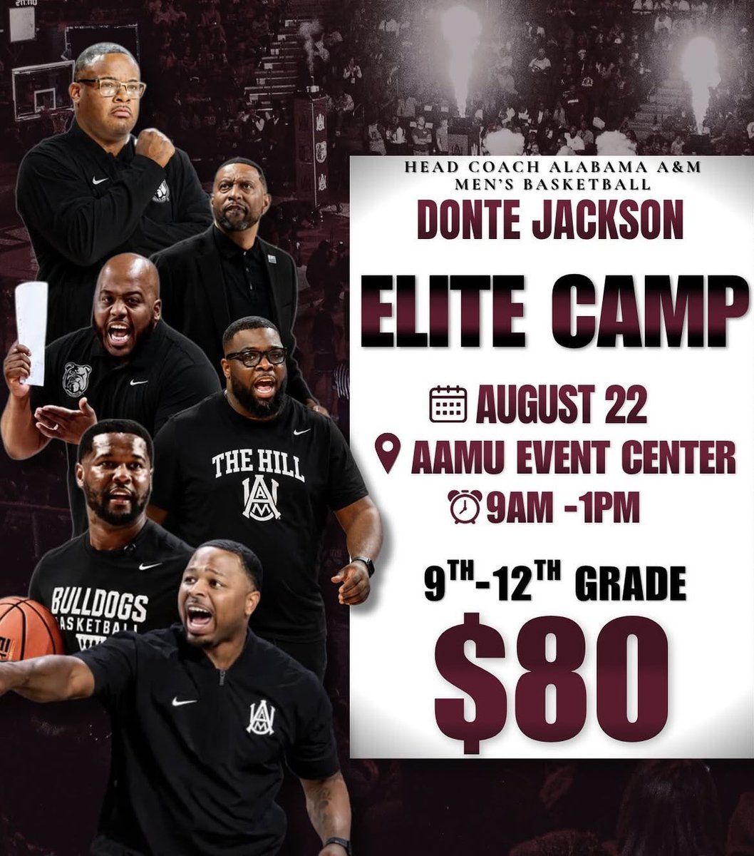 ThePortalScoop's tweet photo. 🚨 Huntsville, Alabama and surrounding areas! Come out to Coach Donte Jackson’s Elite Camp on August 22nd at the Alabama A&M Event Center from 9 AM–1 PM! They’re looking for DAWGS! 🐶Come bring your game and compete for an opportunity to be evaluated by Coach Donte Jackson and his staff! Don’t miss your chance to get on the court and showcase your talent! 💯📈⏳🔥🏀

Sign up with the link below now ⬇️ 

https://t.co/7jhbpc3yjl