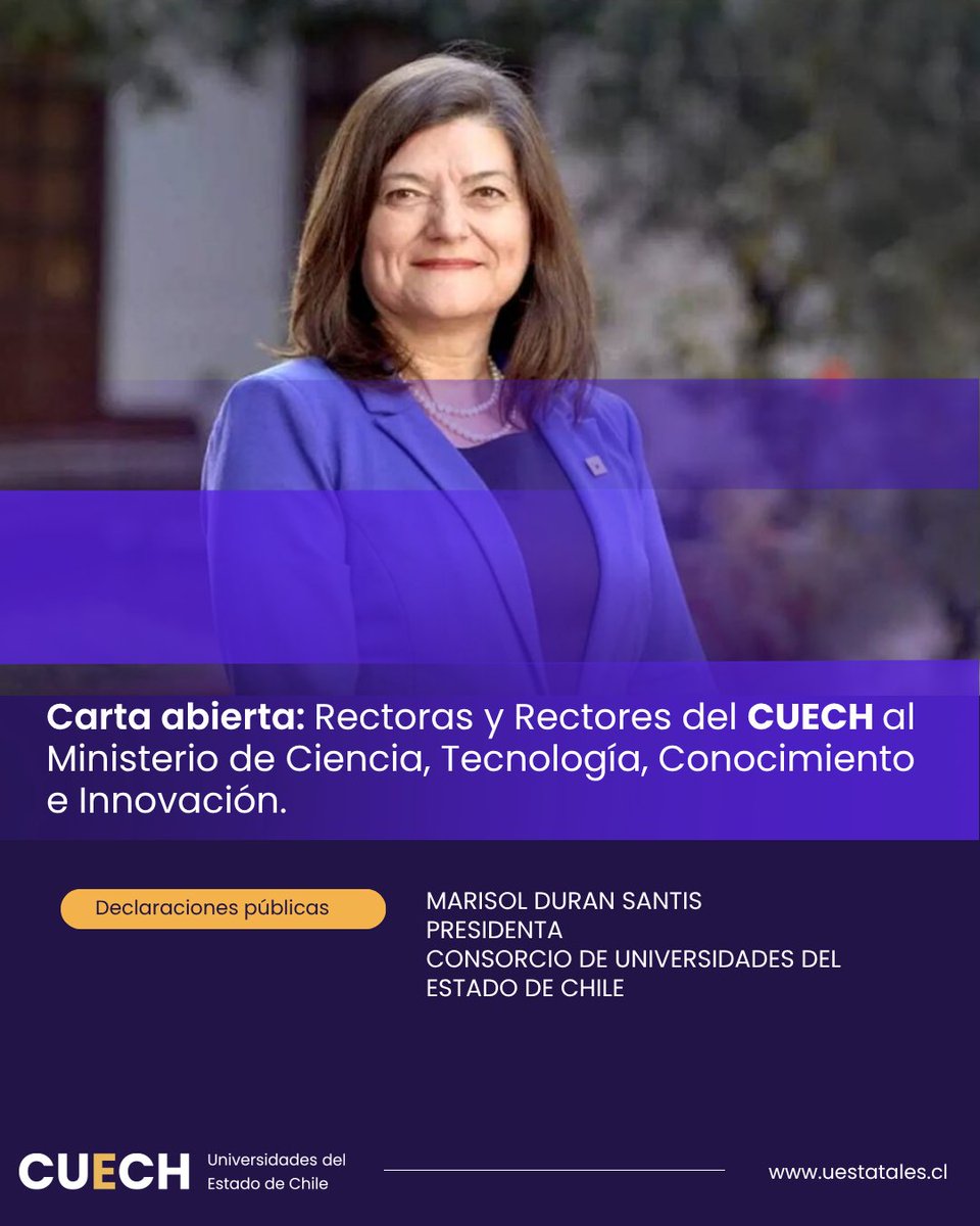 uestatales's tweet photo. Rectoras y rectores del CUECH dirigen carta abierta al Ministerio de Ciencia ante modificaciones al concurso Fondecyt Postdoctoral y llaman a fortalecer el diálogo por una política científica de Estado, amplia y de largo plazo.

🔗 https://t.co/G2SkGA7olA https://t.co/ORPwHAv9Lv