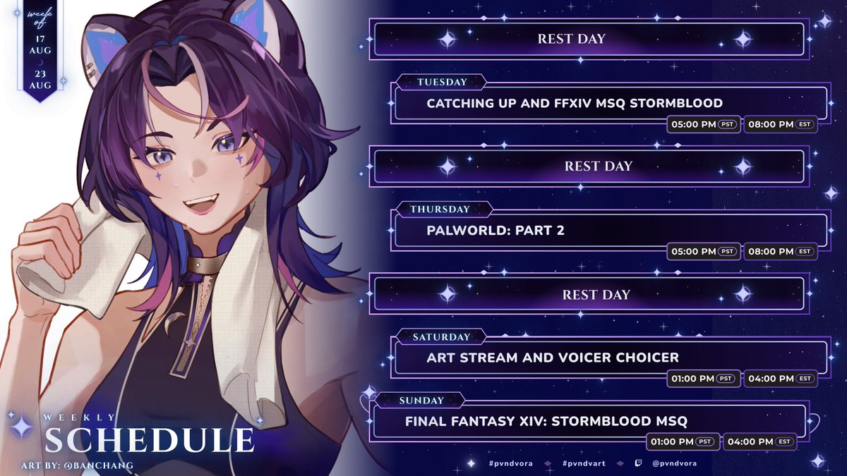 pvndvora's tweet photo. ✨【STREAM SCHEDULE 7/20 - 7/27】✨
I'm FINALLY DONE MOVING!!! She's on a new coast and finding a new schedule~ gonna try Voicer Choicer this week- see you then💜 https://t.co/xXpnKxeiJz