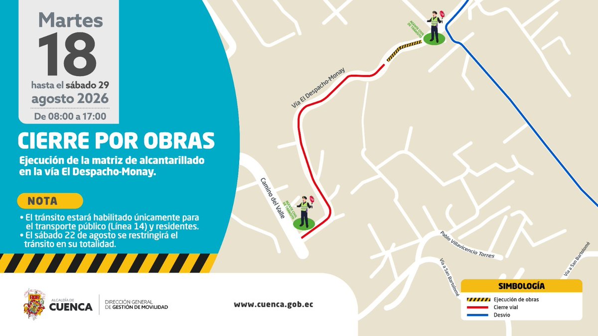 cuenca_dgm's tweet photo. 🚧 ¡Cierre por obras en la vía El Despacho-Monay!

Desde este martes 18 hasta el sábado 29 de agosto, se realizarán trabajos y se restringirá el tránsito vehicular.

🕘 Tome rutas alternas de 08:00 a 17:00
🚍 Acceso permitido al transporte público y residentes

@AlcaldiaCuenca1 https://t.co/eJ6nlIG7zz