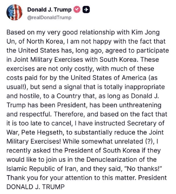 YourAnonCentral's tweet photo. The US betrays South Korea, openly favours North Korea. Trump cites that South Korea didn't help him attack Iran and that he has a "good relationship" with the North Korean dictator Kim Jong Un. 

Trump's support for North Korea comes after DPRK sent Troops to fight Ukraine. https://t.co/T0T2JDCp5z