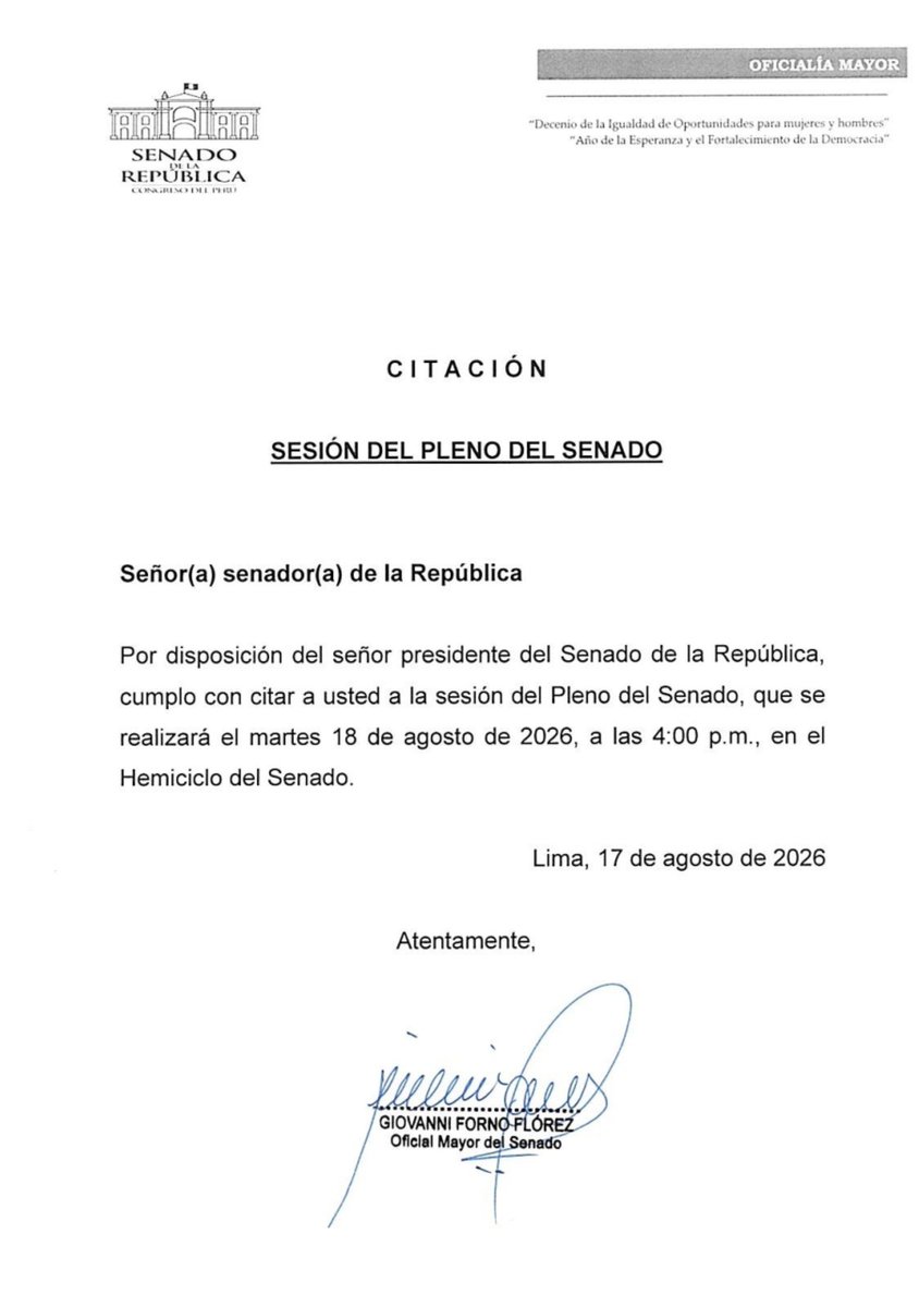 congresoperu's tweet photo. El #PlenoDelSenado se reunirá en sesión ordinaria este martes 18 de agosto, desde las 4:00 p. m. https://t.co/pT05ssK8Ub