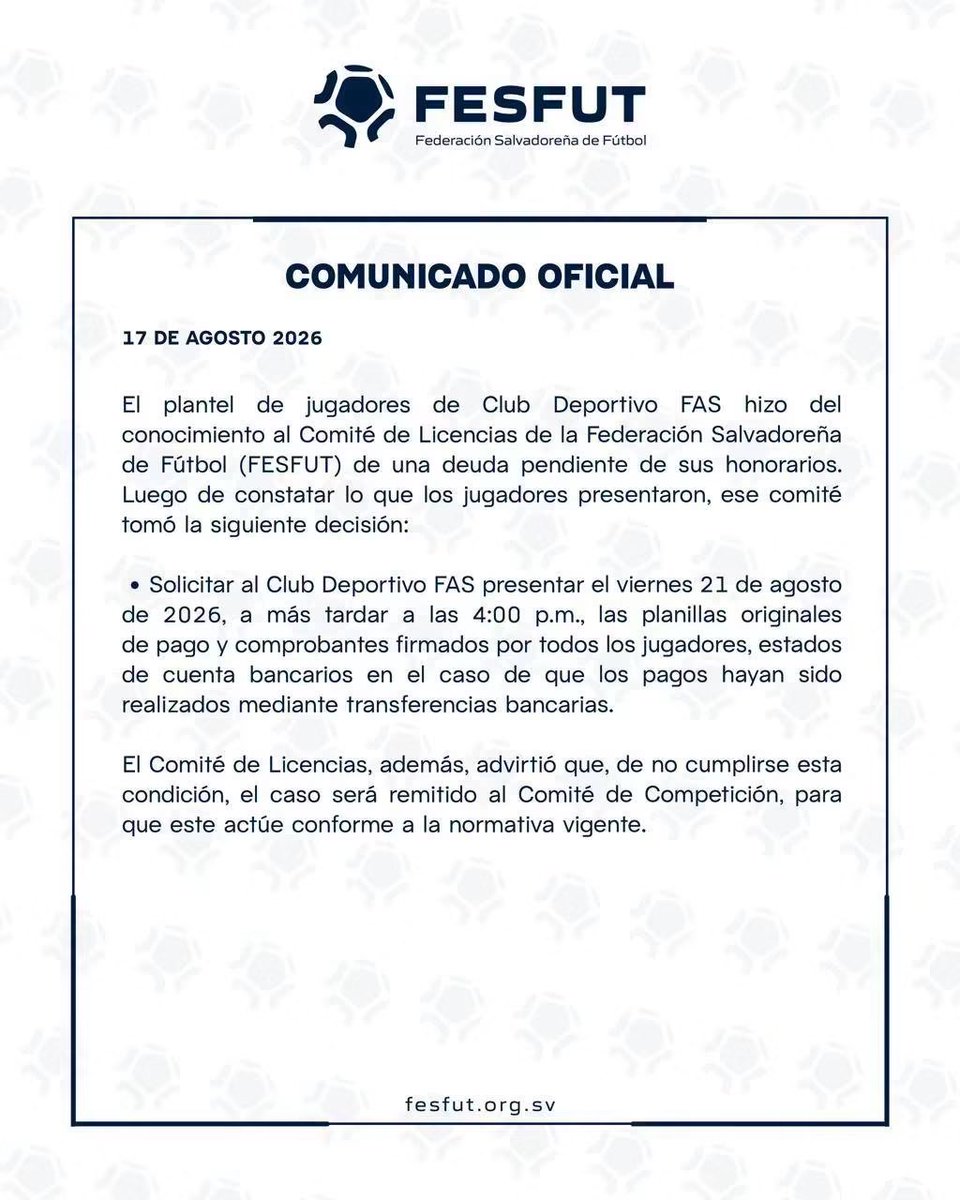 RicardoLarin's tweet photo. Continúan los retrasos en salarios de los equipos de fútbol de Liga Mayor del país, según el comunicado de la @fesfut_sv. 

Si así está uno de los más “taquilleros” de la liga, cómo estarán los demás clubes https://t.co/hQDSKQTljF