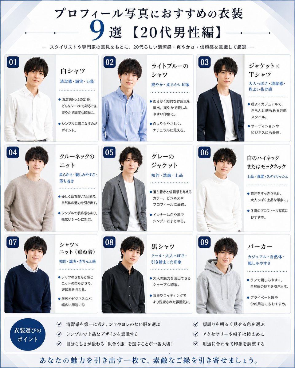 voice_auditions's tweet photo. 【20代男性向け】第一印象で差がつく！ オーディション＆宣材写真おすすめ衣装9選👔✨
スタイリストや撮影の現場目線で厳選した、好印象を与える20代男性向け衣装ガイドをまとめました📸

#宣材写真 #オーディション #撮影スタジオ https://t.co/U4SFOMMUdW