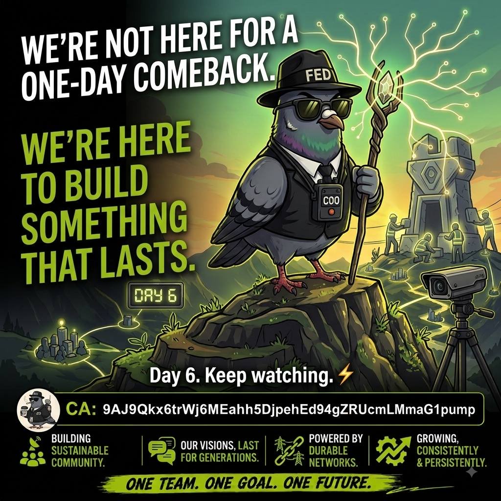 FedPigeon's tweet photo. We’re not here for a one-day comeback.

We’re here to build something that lasts.

Day 6. Keep watching. ⚡

CA: 9AJ9Qkx6trWj6MEahh5DjpehEd94gZRUcmLMmaG1pump

#FedPigeon #Memecoin #Solana #Crypto #CryptoCommunity https://t.co/HgVacoJs9I