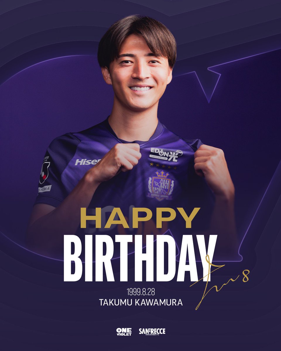 sanfrecce_SFC's tweet photo. 🎂𝑯𝑨𝑷𝑷𝒀 𝑩𝑰𝑹𝑻𝑯𝑫𝑨𝒀🎂

本日8月28日は #川村拓夢 選手の27歳の誕生日です！
お誕生日おめでとう🎉
素敵な1年になりますように✨

#sanfrecce #ONEVIOLET https://t.co/nNVYxXzFW8