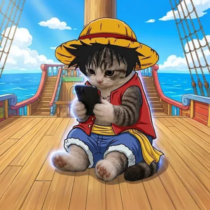 catscrollingX's tweet photo. the king of the pirates is catscrolling. are you? 🐱 https://t.co/JWNaDgpRv1